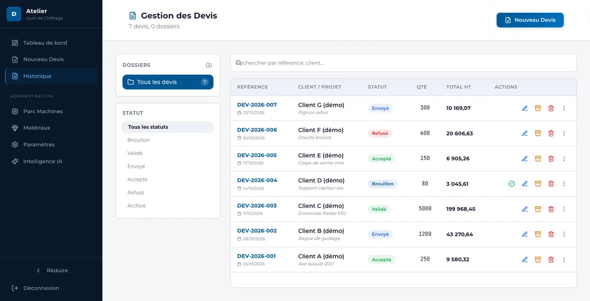 Liste des devis avec leur statut : brouillon, validé, envoyé, accepté, refusé.