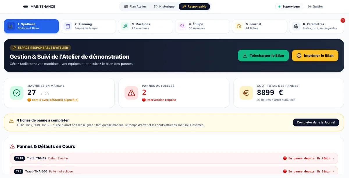 Espace du responsable : machines en marche, pannes en cours, coût des arrêts et fiches à compléter.