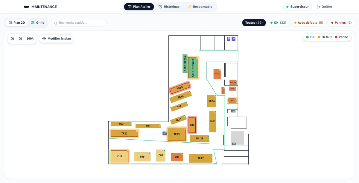 Plan 2D de l'atelier : chaque machine colorée selon son état, en production, avec un défaut ou en panne.