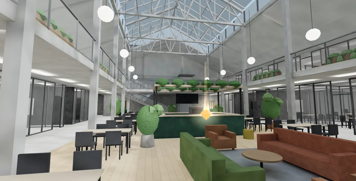 L'atrium au rez-de-chaussée : bar central, salons et postes de travail sous la verrière.