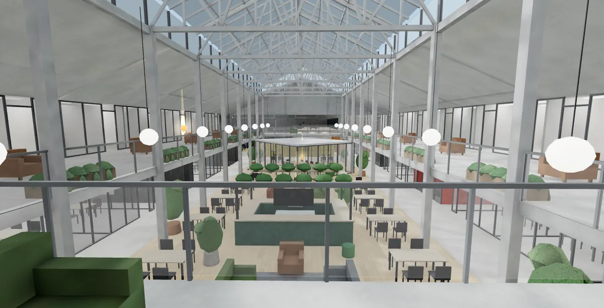 L'atrium du MoHo vu depuis la passerelle de l'étage : verrière sur fermes en treillis, coursives vitrées, bar central et postes de travail.