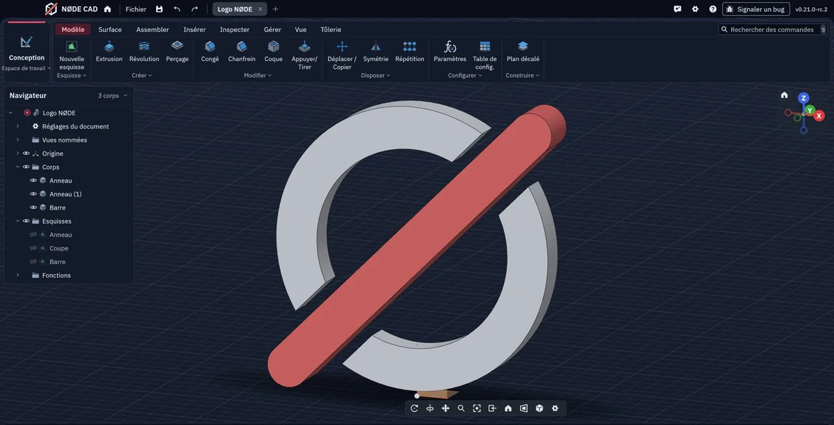 NØDE CAD : conception 3D paramétrique dans le navigateur, avec historique et esquisses.