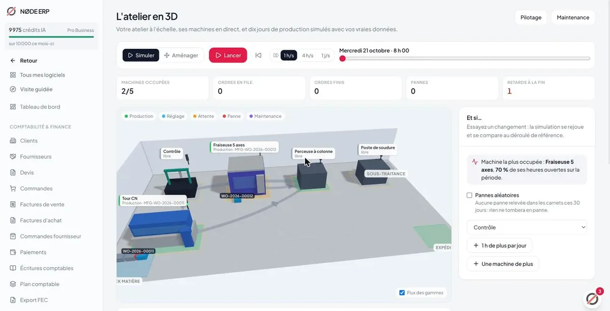 L'atelier en 3D dans l'ERP de NØDE OS : machines, ordres de fabrication et simulation de la production.