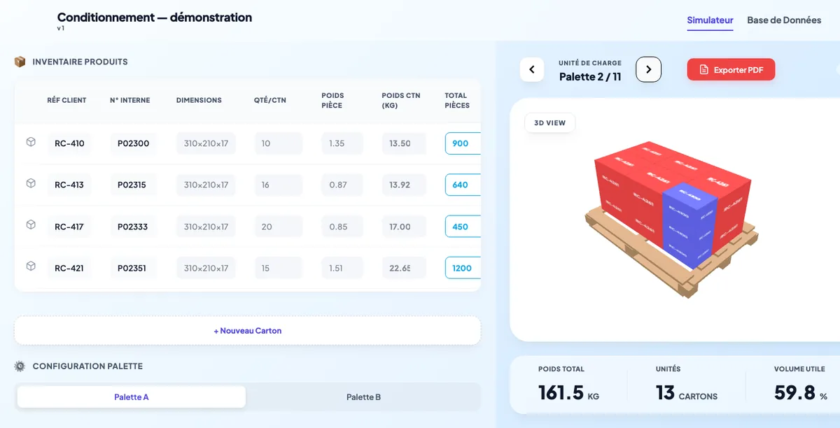 Deuxième palette du même envoi, vue en 3D, avec son poids et son taux de remplissage.