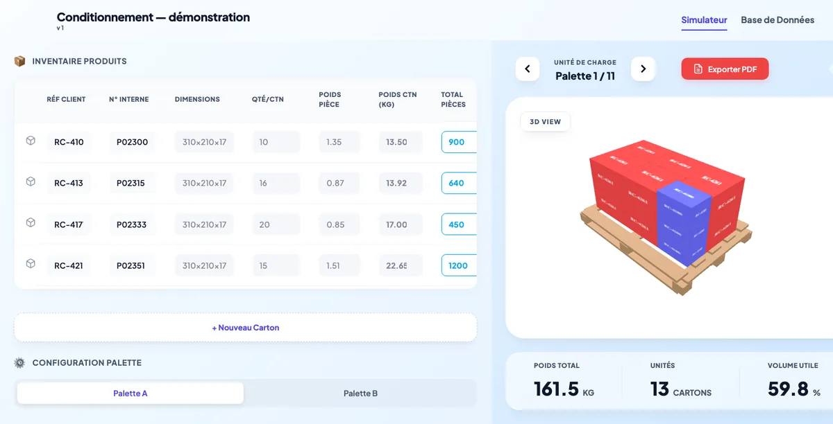 Simulateur de palettisation : références et quantités à gauche, palette chargée de cartons en 3D à droite, avec poids total et volume utile.