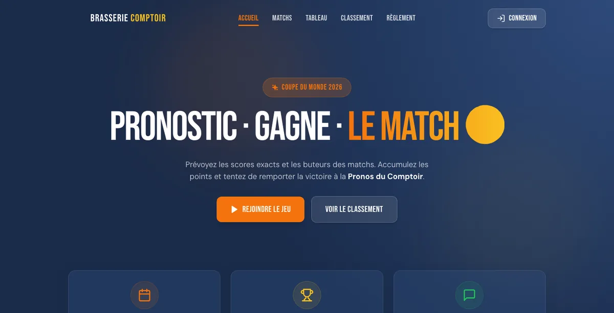 Page d'accueil du jeu : invitation à pronostiquer les scores et les buteurs.