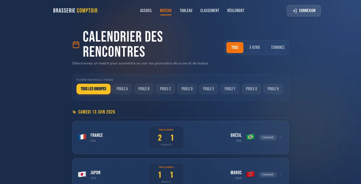 Calendrier des rencontres de la phase de groupes, avec scores et filtres par poule.