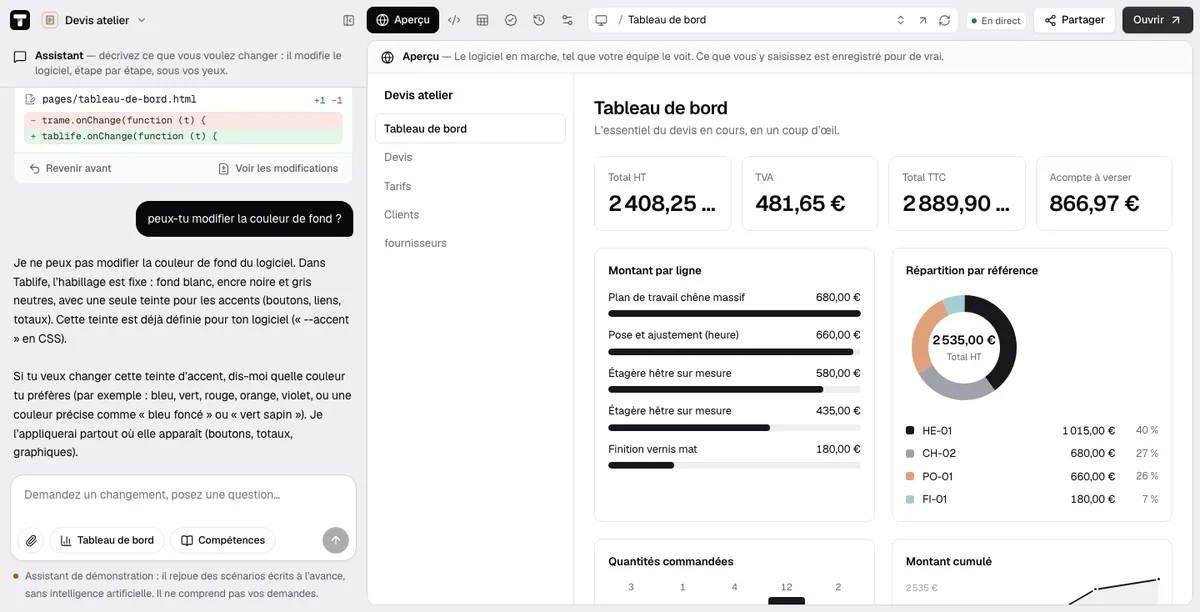 L'atelier : à gauche la conversation avec l'assistant, à droite le logiciel en direct.